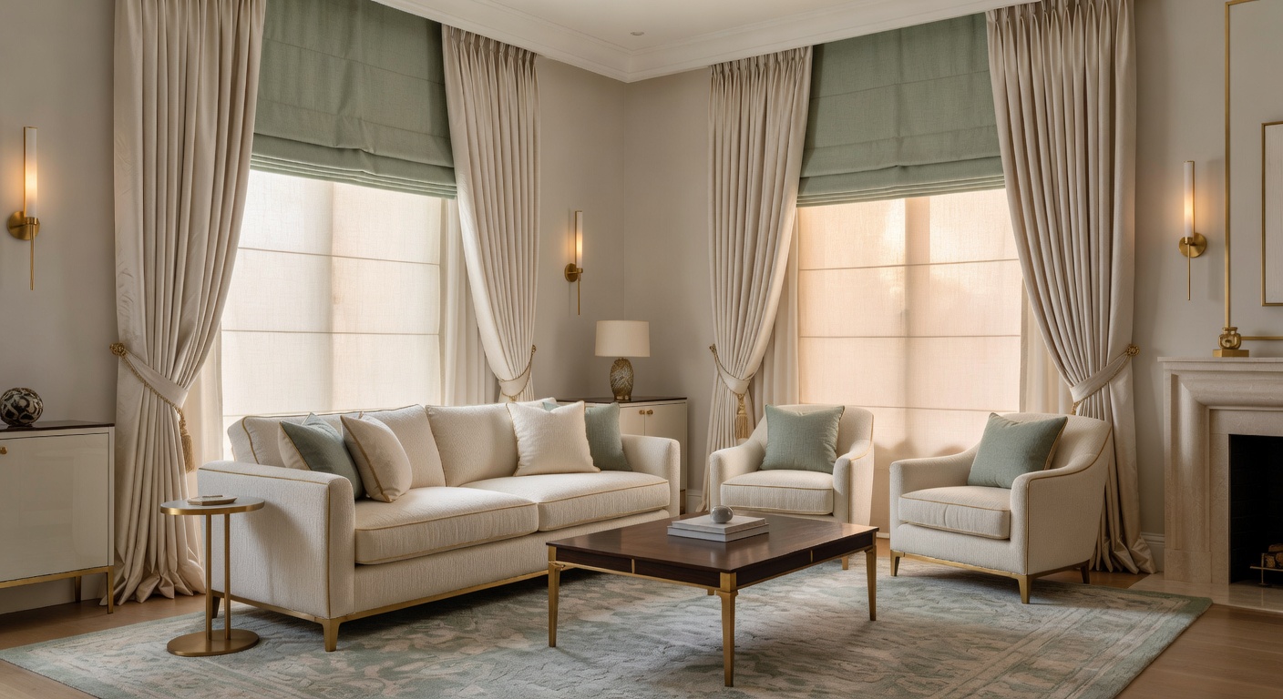 Bespoke luxury living room interior with elegant custom drapery and window treatments, sophisticated high-end design, soft natural light, and a serene refined atmosphere
